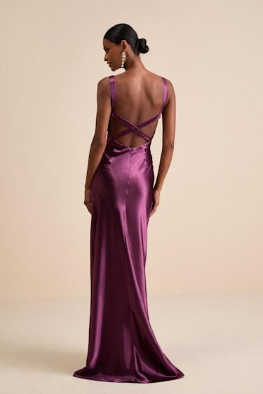 Perfectly Classy Plum Purple Satin Strappy Maxi Dress Product Image