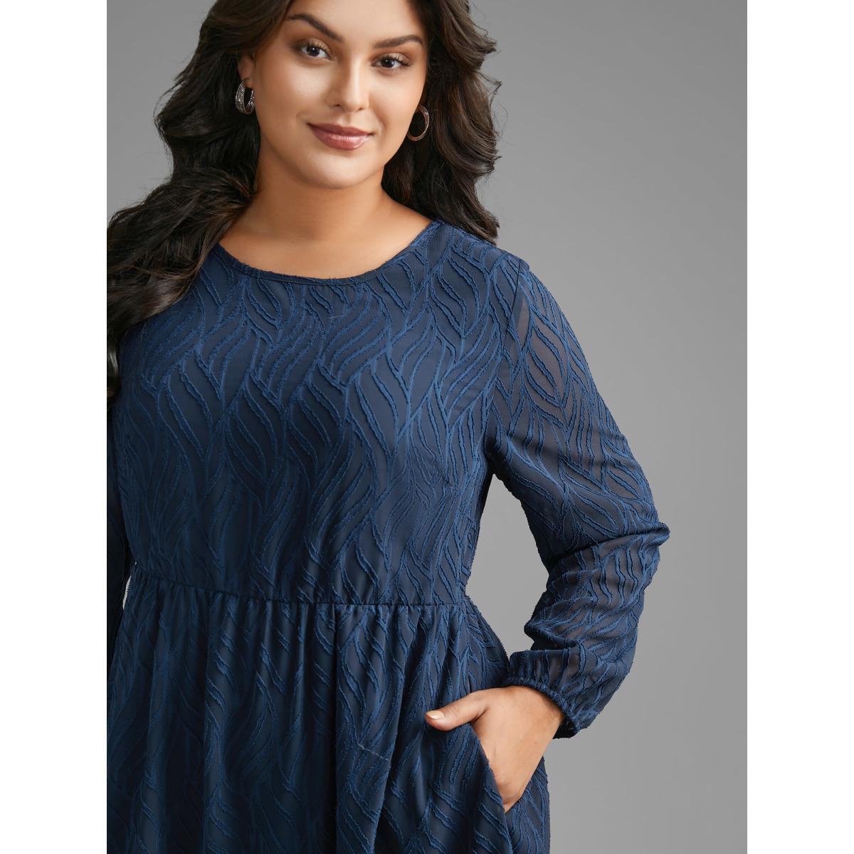 Plus Size Textured Chiffon Lantern Sleeve Midi Dress DarkBlue Women At the Office Texture Round Neck Long Sleeve Curvy BloomChic 30/6X Product Image