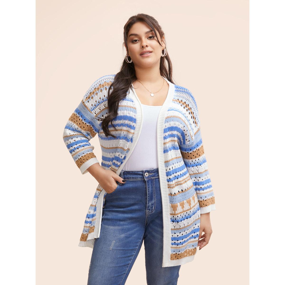 Plus Size Cotton Contrast Striped Cut Out Cardigan LightBlue Women Playful Loose Long Sleeve Casual Cardigans BloomChic 22-24/3X Product Image