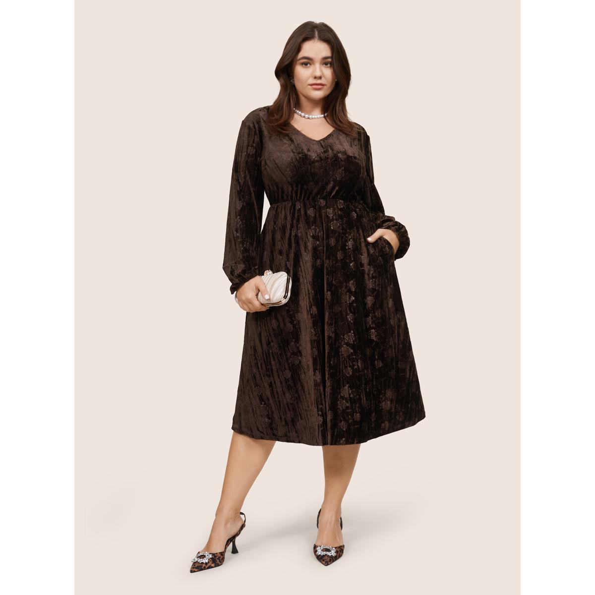 Plus Size Solid Texture Velvet V Neck Lantern Sleeve Dress DarkBrown Women Glamour Velvet V-neck Long Sleeve Curvy Midi Dress BloomChic 30/6X Product Image