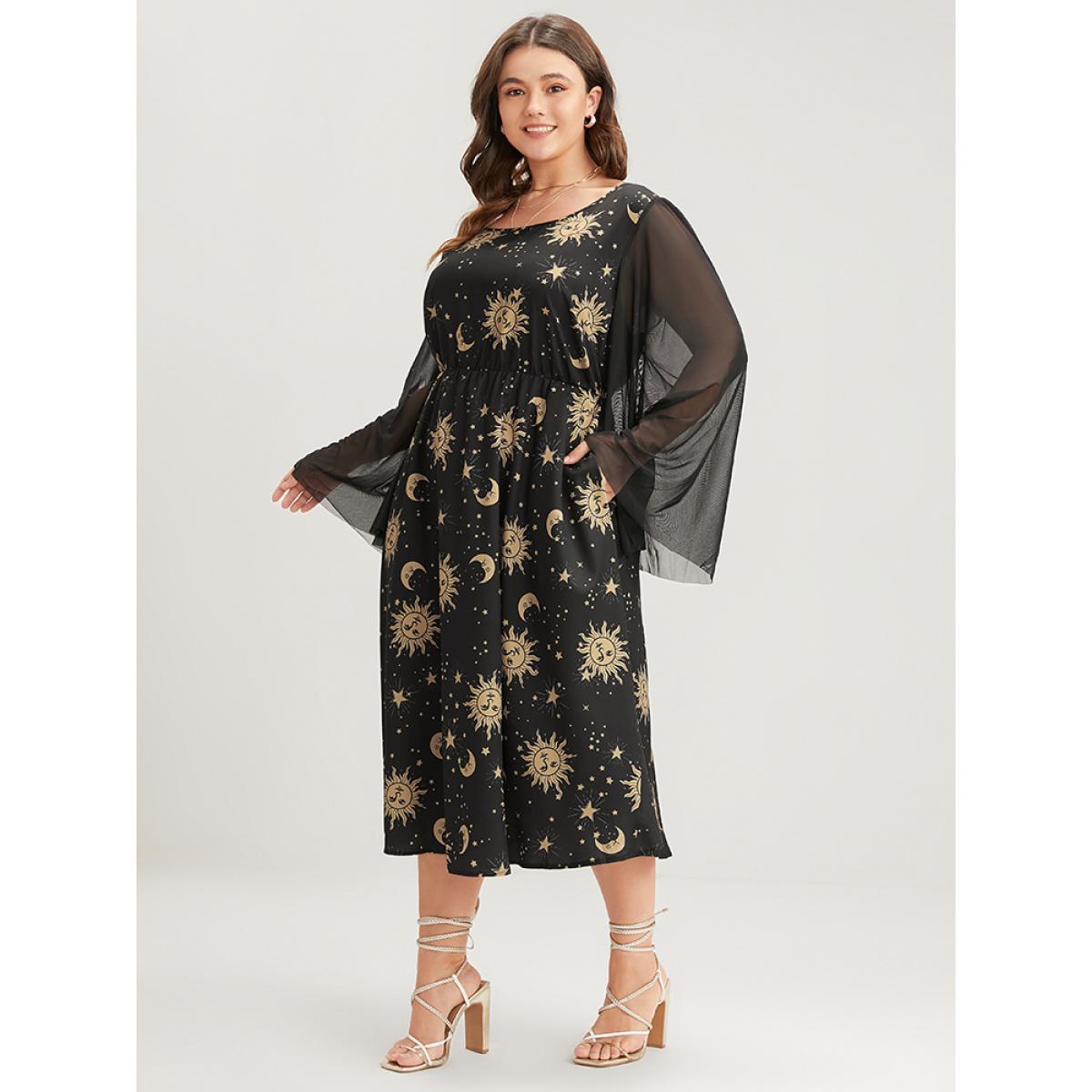 Plus Size Halloween Moon And Star Bell Sleeve Pocket Crew Neck Midi Dress Black Women Elegant Patchwork Round Neck Long Sleeve Curvy Midi Dress BloomChic 26/4X Product Image