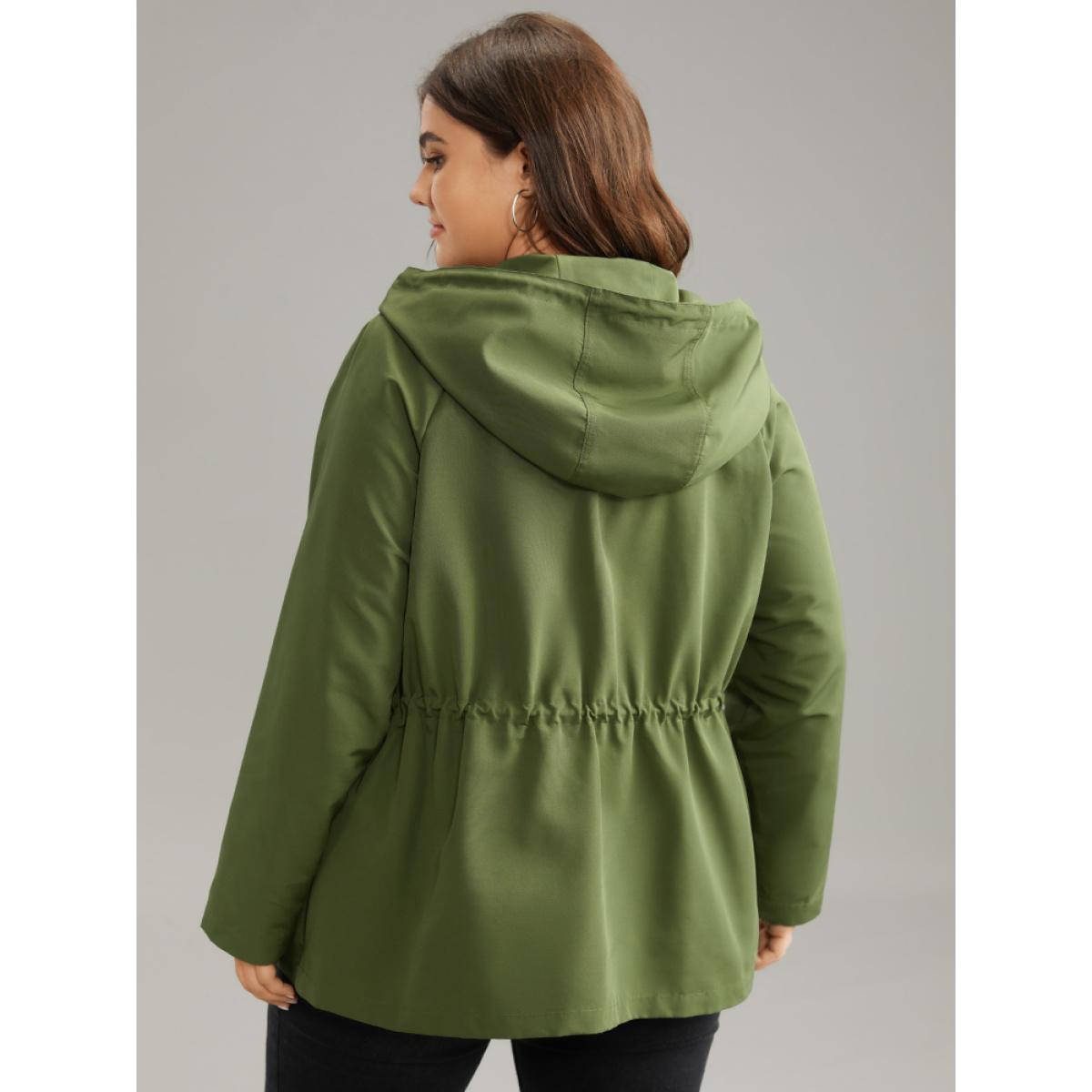 Plus Size Wind-Resistant Hooded Drawstring Waistline Inside Coat Women ArmyGreen Plain Pocket Dailywear Jackets BloomChic 12/L Product Image