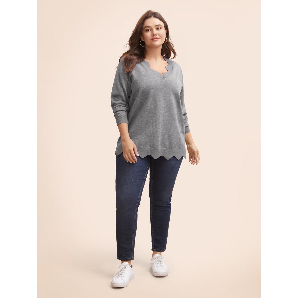 Plus Size Supersoft Essentials Scalloped Trim Split Hem Pullover Mediumgray Women Casual Long Sleeve V-neck Everyday Pullovers BloomChic 26/4X Product Image