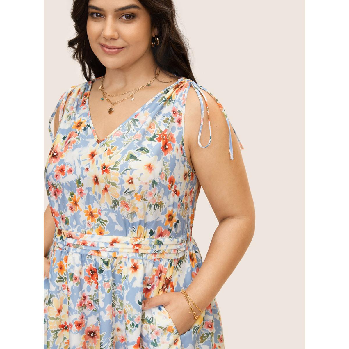 Plus Size Floral Pleated Drawstring Sleeveless Midi Dress Ivory Women Elegant Pleated V-neck Sleeveless Curvy BloomChic 12/L Product Image