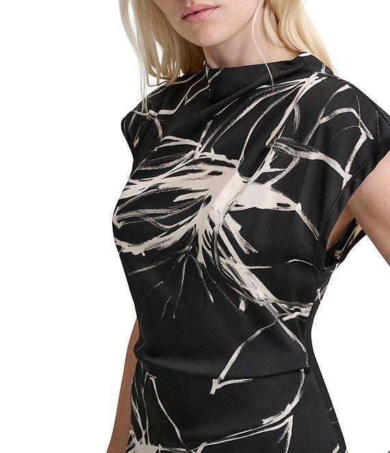 DKNY by Donna Karan Printed Woven Mock Neck Short Sleeve A-Line Dress Product Image