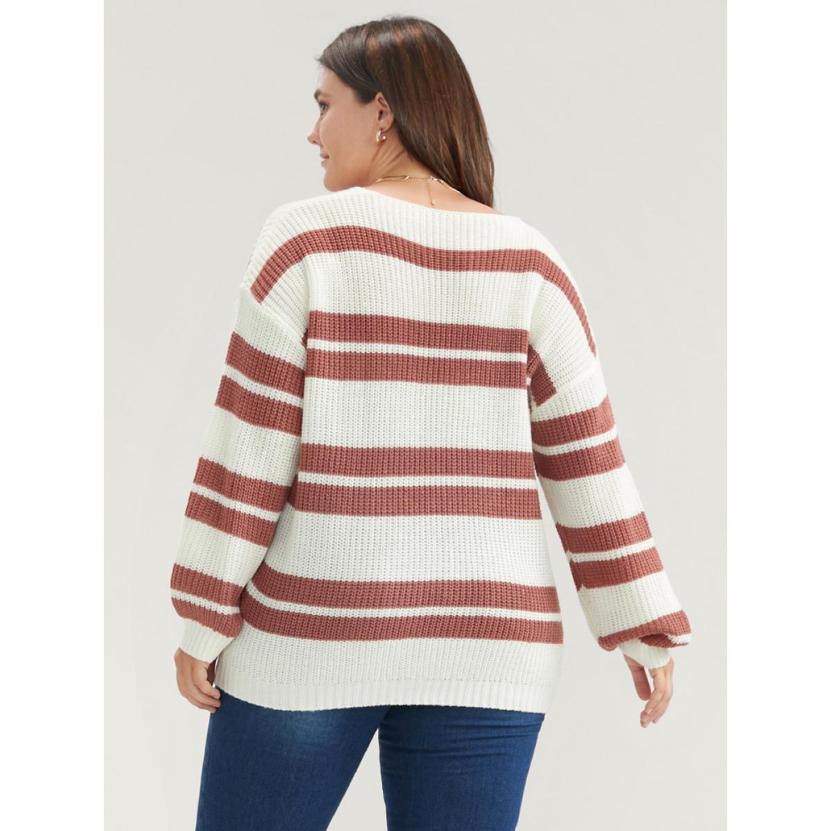Plus Size Striped Contrast Pointelle Knit Lantern Sleeve Knit Top White Women Casual Loose Long Sleeve V-neck Dailywear Pullovers BloomChic 30/6X Product Image