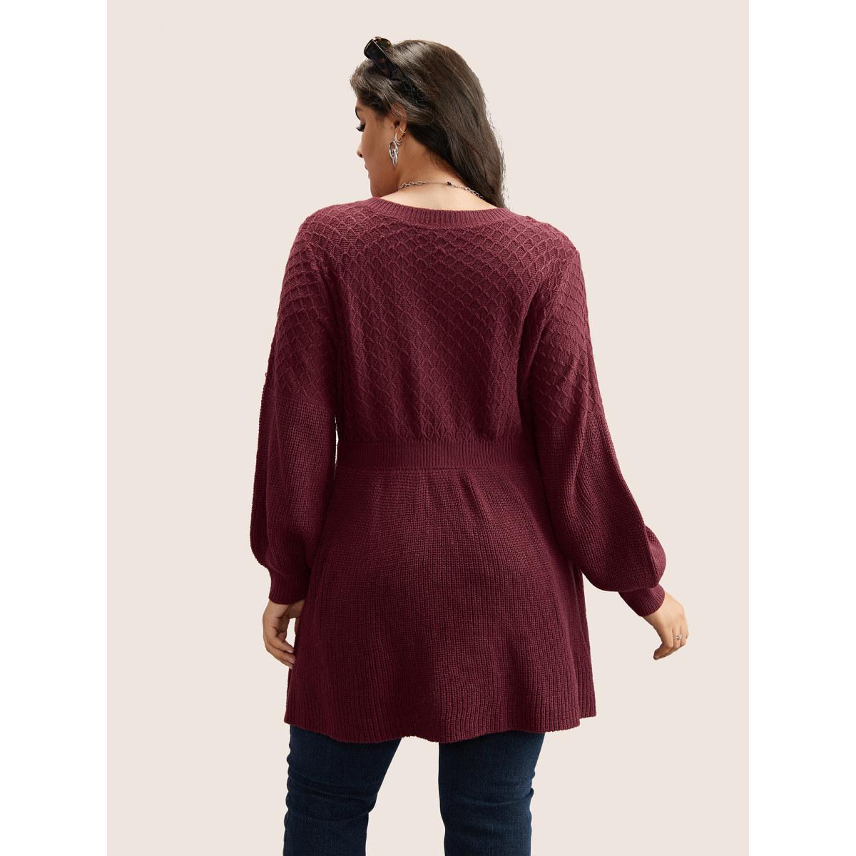 Plus Size Plain Plisse Lantern Sleeve A Line Pullover Scarlet Women Timeless Long Sleeve V-neck Elegant Pullovers BloomChic 28/5X Product Image