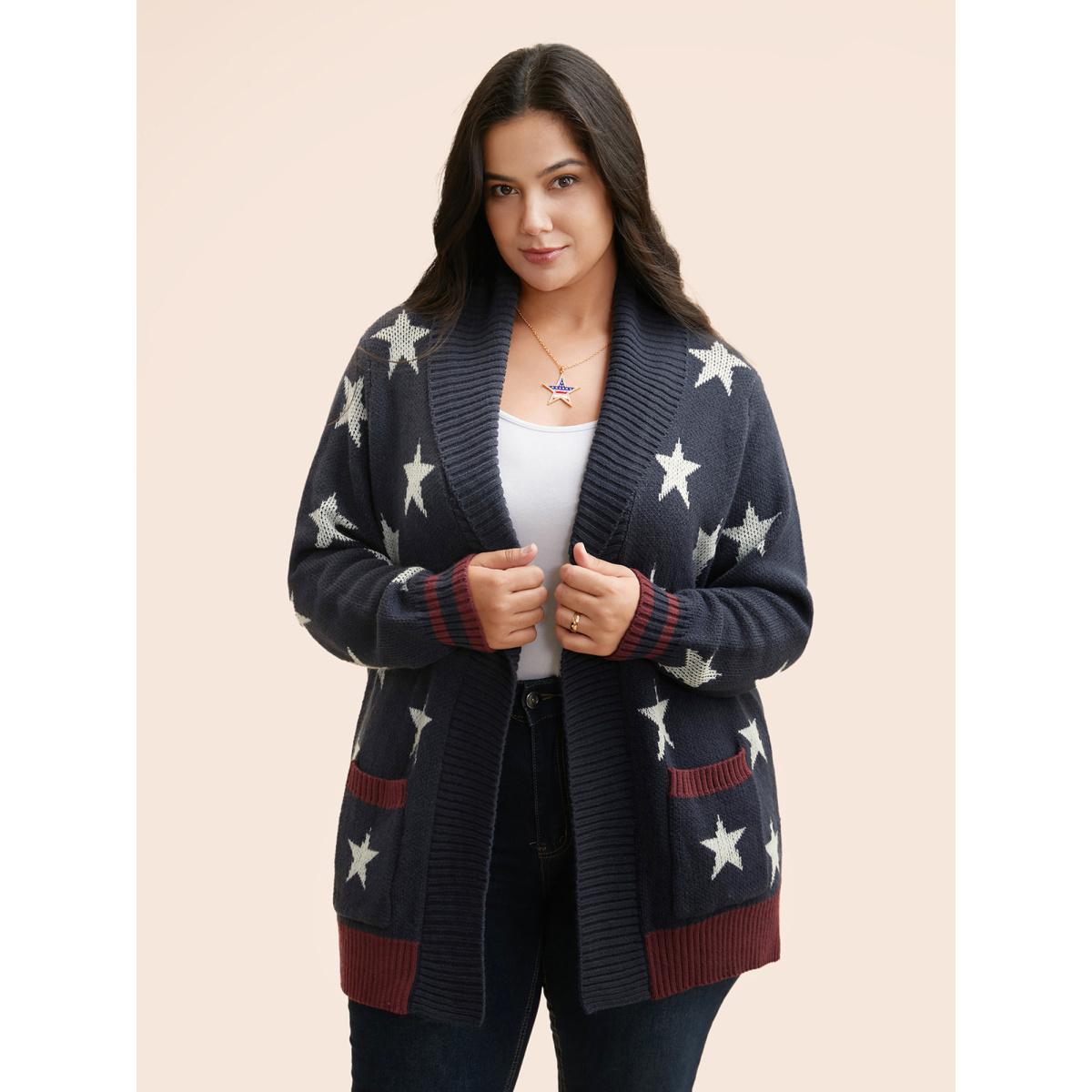 Plus Size Star Contrast Patched Pocket Cardigan Indigo Women Casual Loose Long Sleeve Everyday Cardigans BloomChic 18-20/2X Product Image