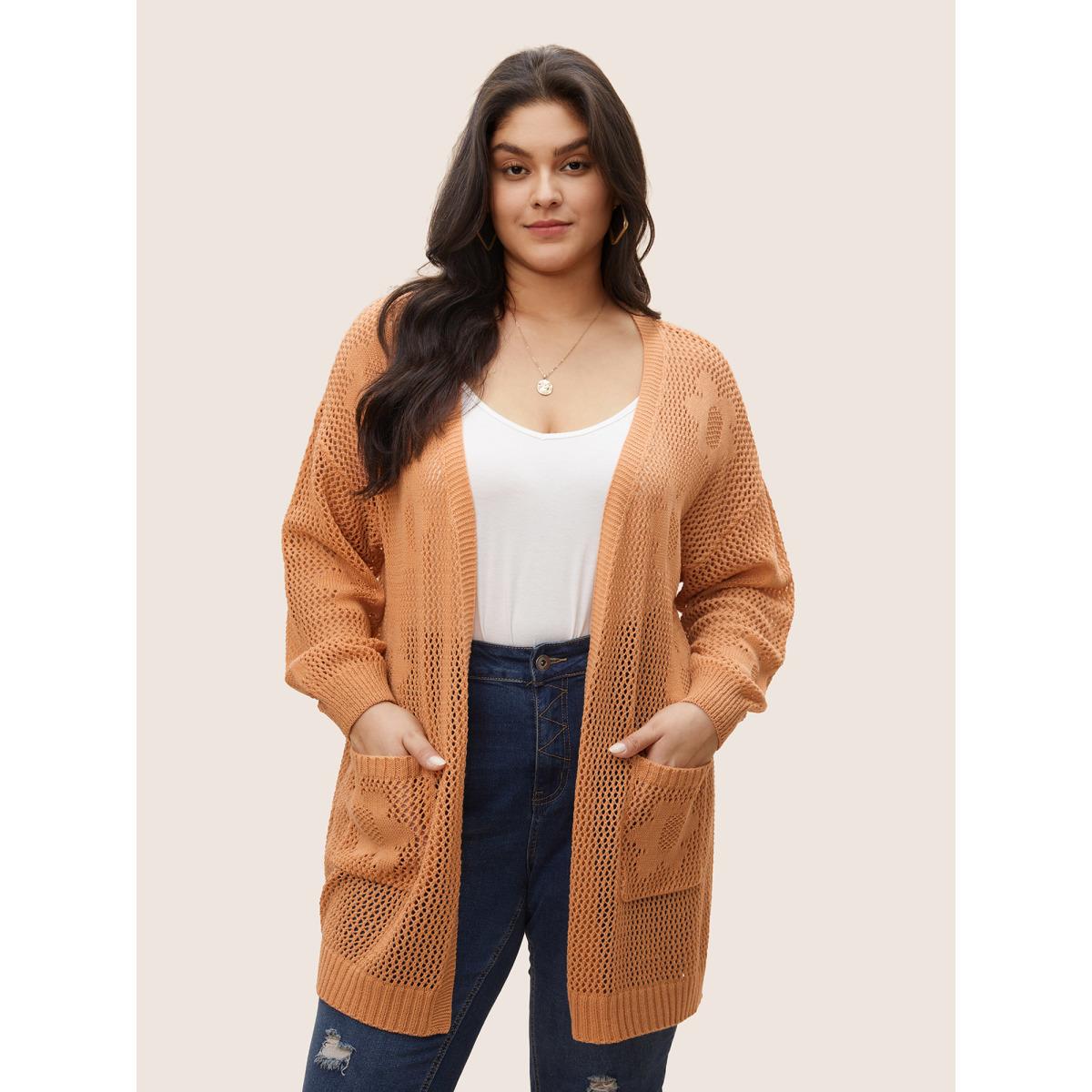 Plus Size Solid Floral Pocket Pointelle Knit Cardigan Coral Women Everyday Casual Cover Ups Bloomchic 14-16/1X Product Image