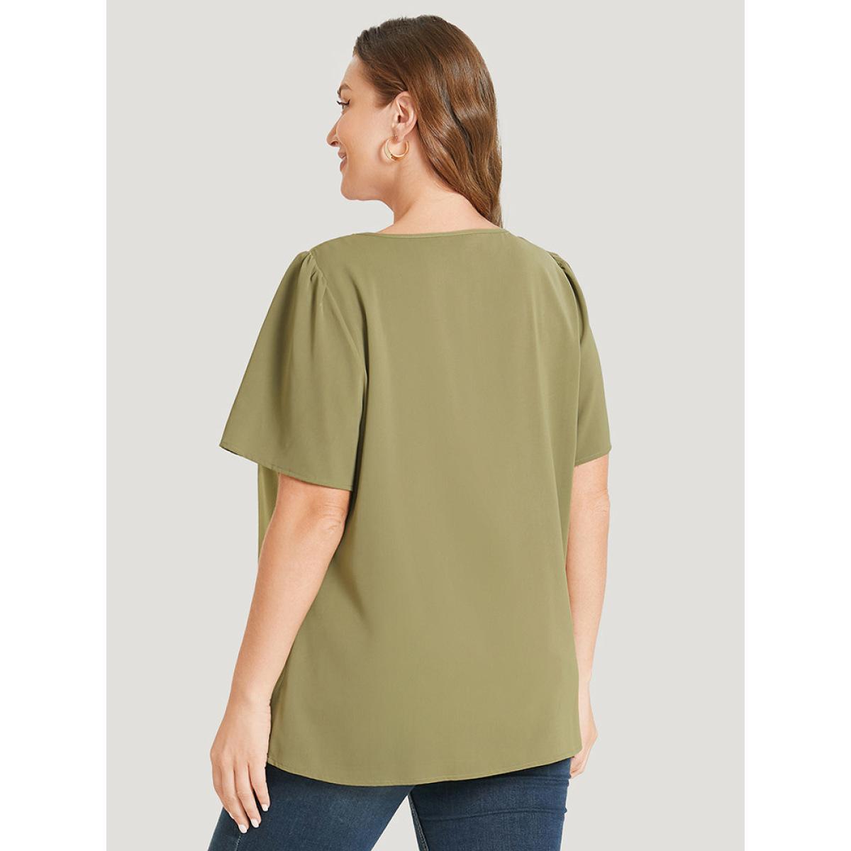 Plus Size SpringGreen Solid Pleated Button Detail Blouse Women Office Short sleeve Round Neck Office Blouses BloomChic 10/M Product Image