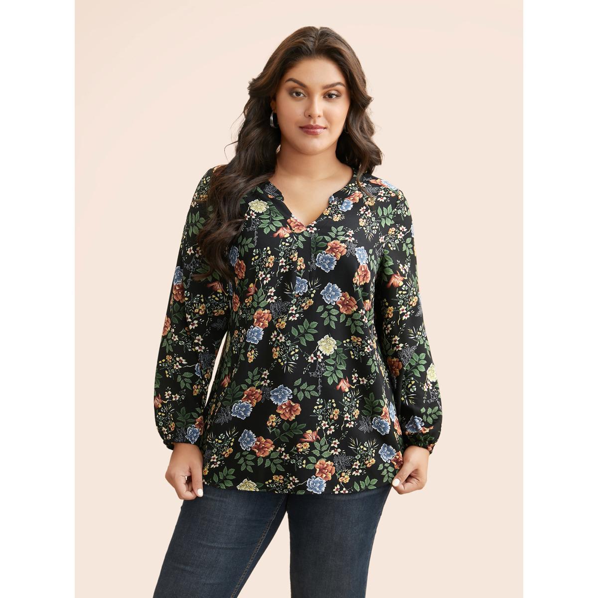 Plus Size Black Floral Notched Pleated Lantern Sleeve Blouse Women Elegant Extra Long Sleeve Notched collar Everyday Blouses BloomChic 12/L Product Image