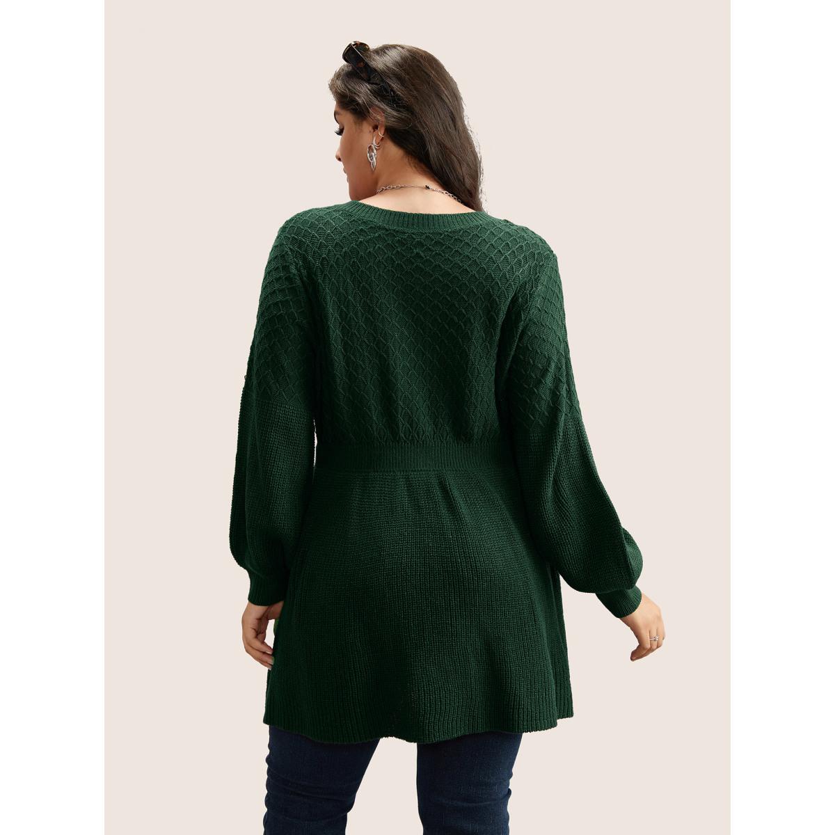 Plus Size Plain Plisse Lantern Sleeve A Line Pullover DarkGreen Women Elegant Long Sleeve V-neck Everyday Pullovers BloomChic 28/5X Product Image