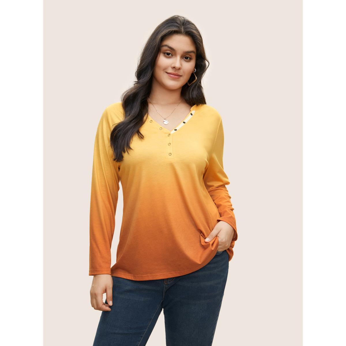 Plus Size Ombre Contrast Button Up T-shirt Yellow Women Resort Contrast Ombre V-neck Vacation T-shirts BloomChic 22-24/3X Product Image