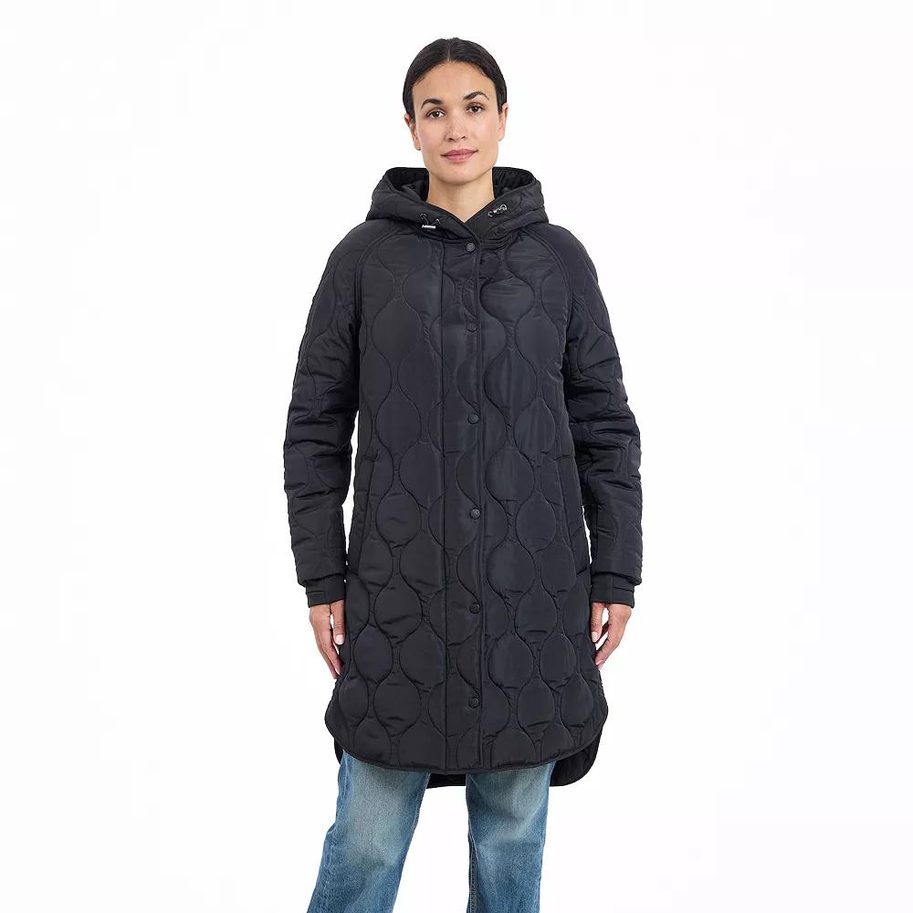 Women's BCBGeneration Long Hooded Quilted Jacket, Size: Medium, Black Product Image