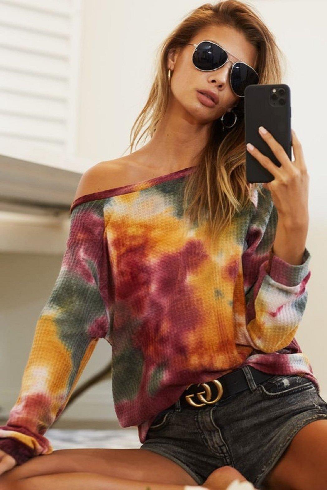 Plum/olive Tie Dye Waffle Knit Top Product Image