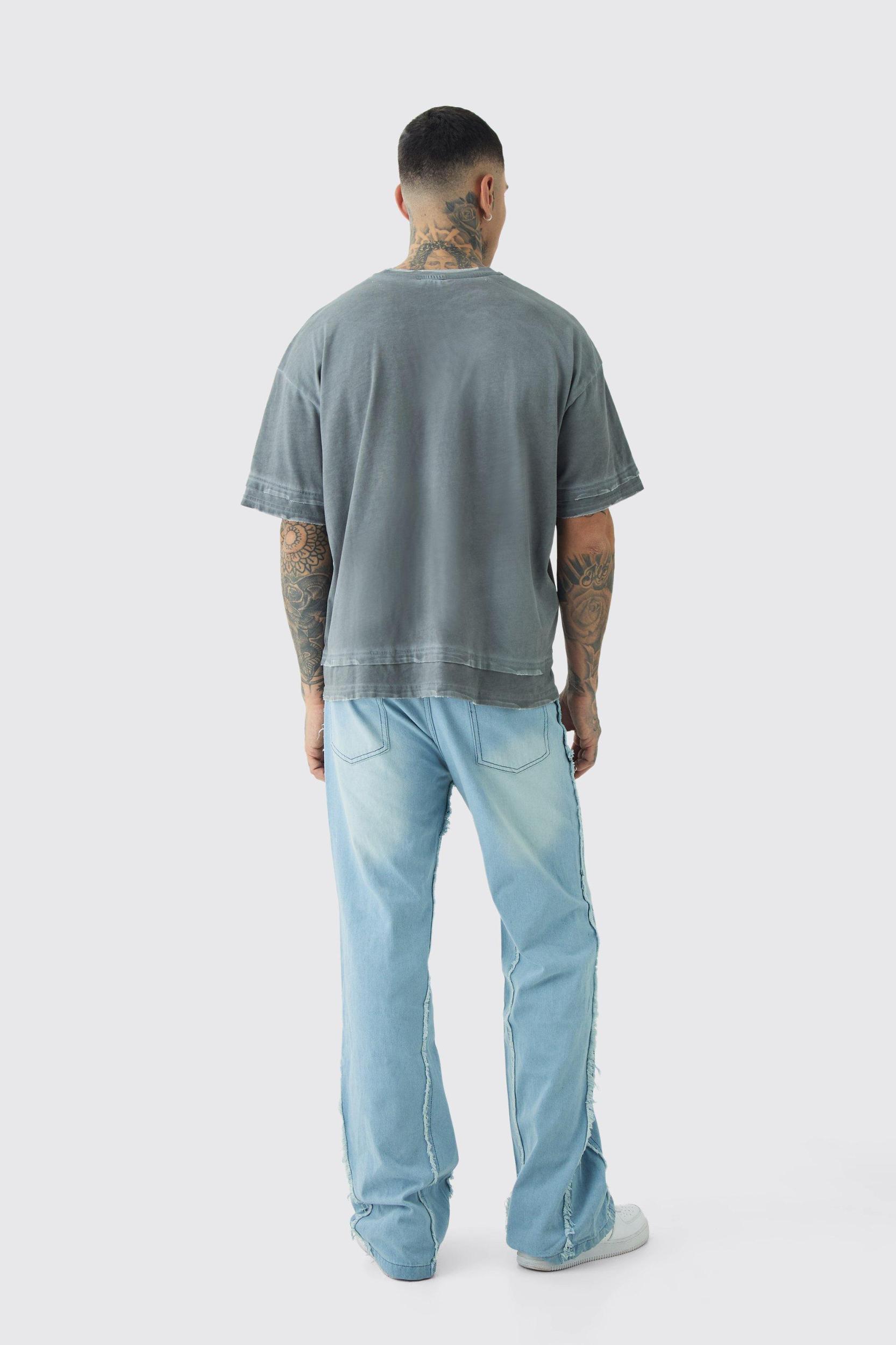 Tall Raw Edge Rip & Repair Carpenter Panel Relaxed Fit Flared Jeans | boohooMAN USA Product Image