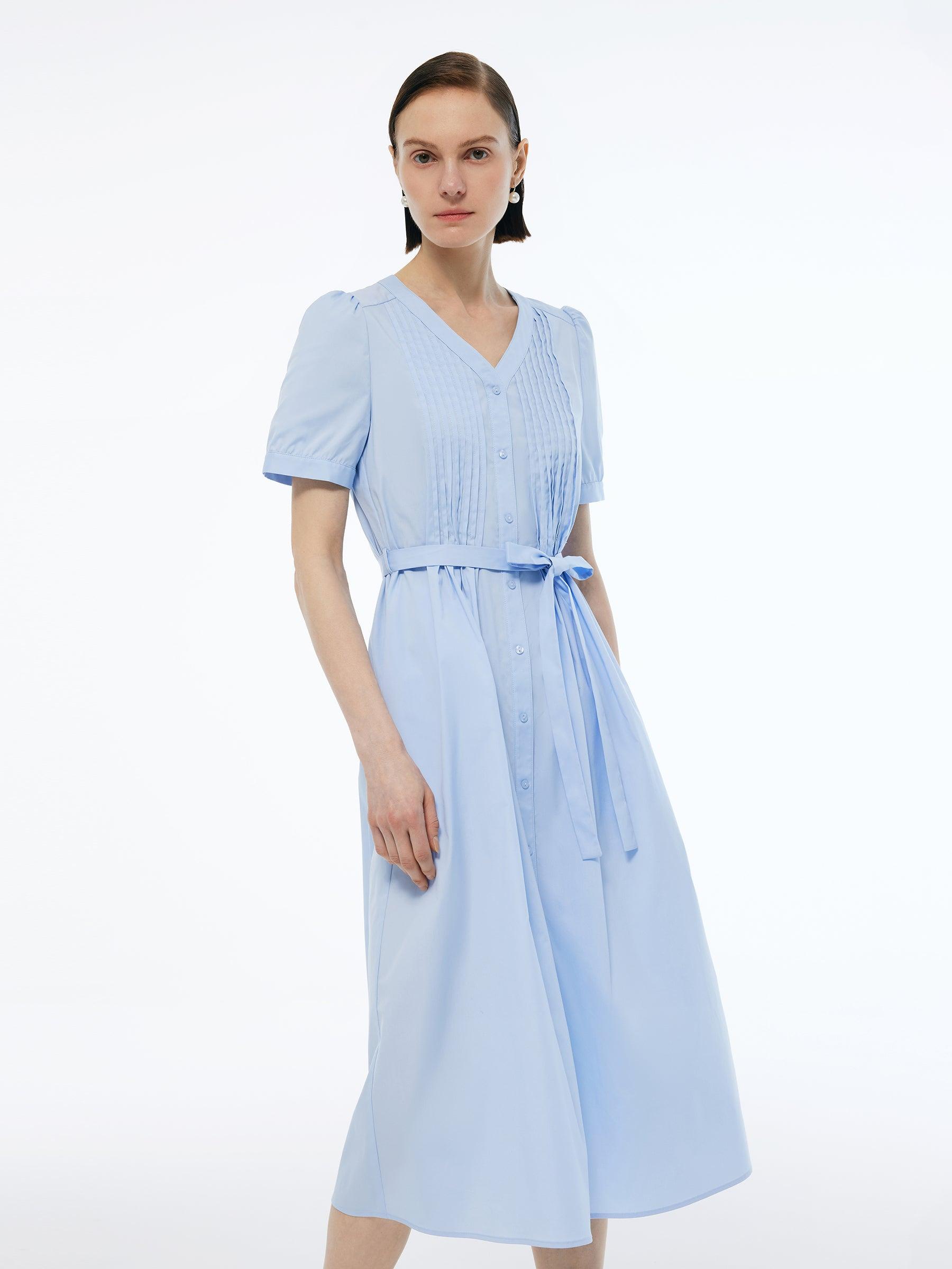 V-Neck Pleat Front Women A-Line Tie Belt Midi Dress Product Image