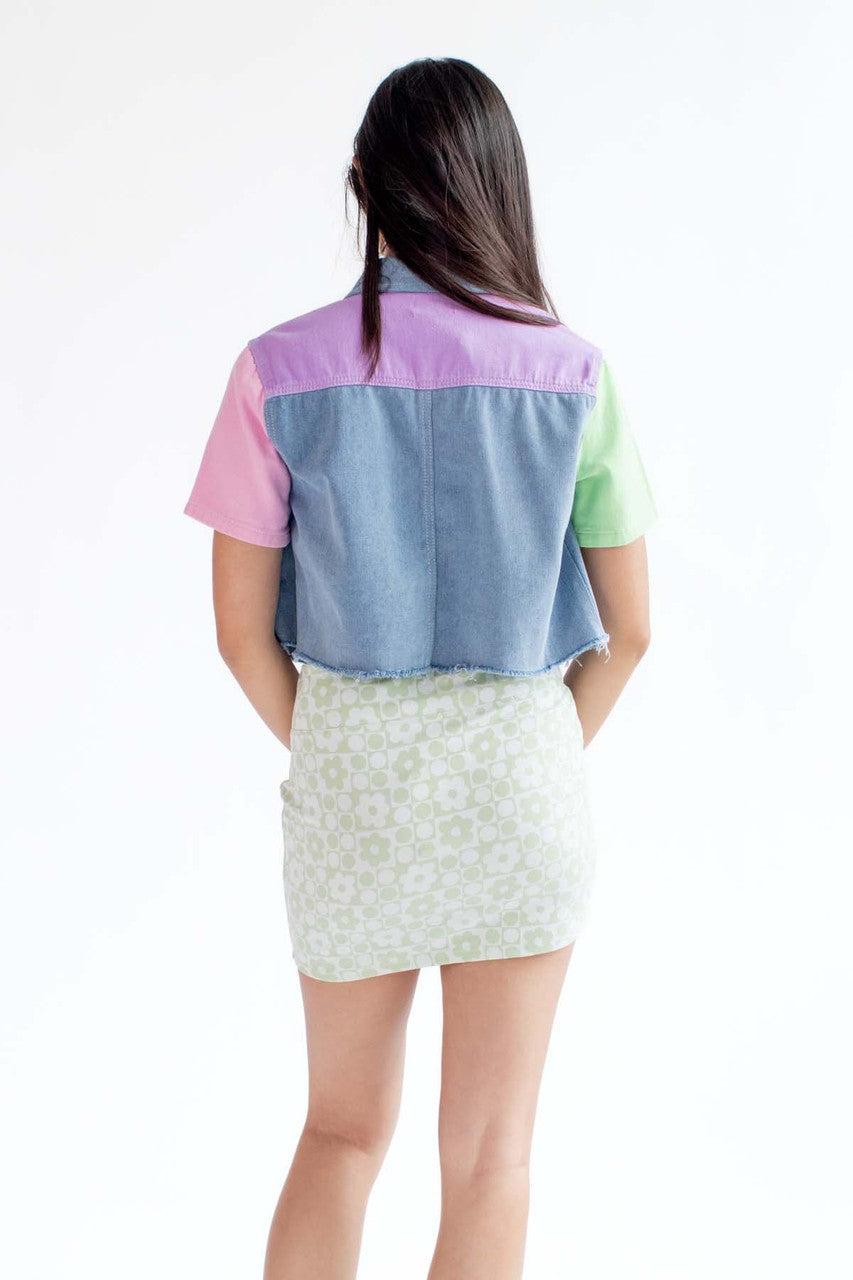 Light Wash Color Block Cropped Denim Shacket Product Image