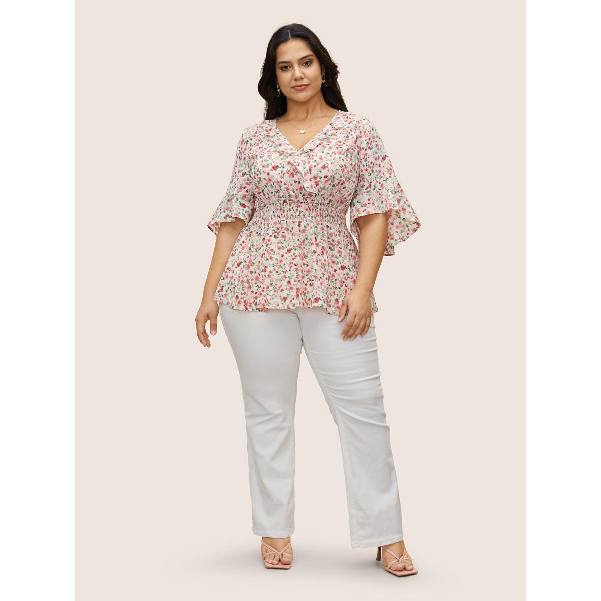 Plus Size Watermelon Ditsy Floral Overlap Collar Ruffles Shirred Blouse Women Elegant Half Sleeve Overlap Collar Everyday Blouses BloomChic 14-16/1X Product Image