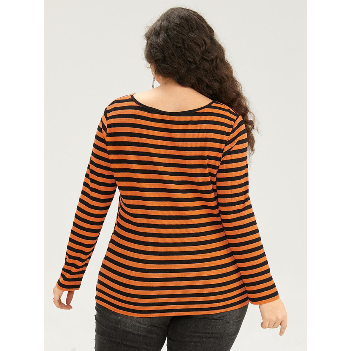 Plus Size Halloween V Neck Contrast Striped T-shirt Chocolate Women Casual Contrast Striped V-neck Festival-Halloween T-shirts BloomChic 18-20/2X Product Image