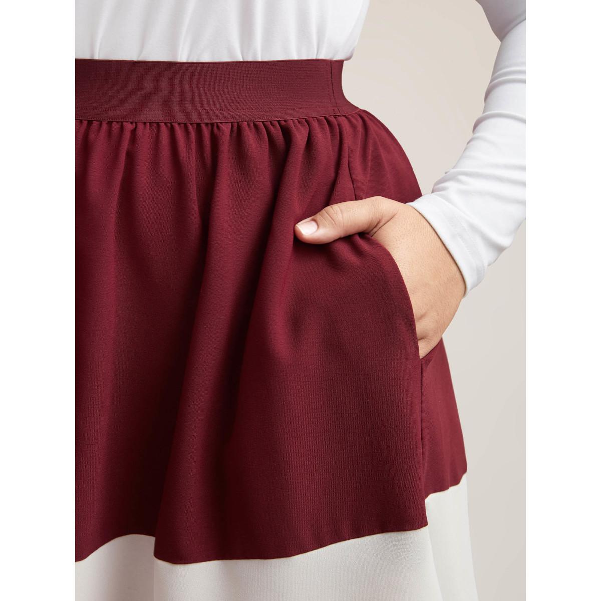 Plus Size Color Block Tiered Midi Skirt Women Scarlet Elegant Contrast Loose Low stretch Side seam pocket Everyday Skirts BloomChic 30/6X Product Image