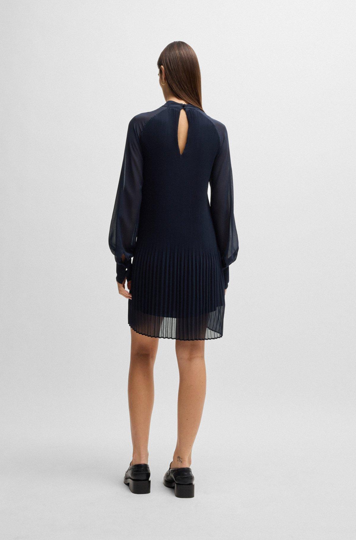 BOSS - High-neck dress with plissé pleats and sheer sleeves - Dark Blue Product Image