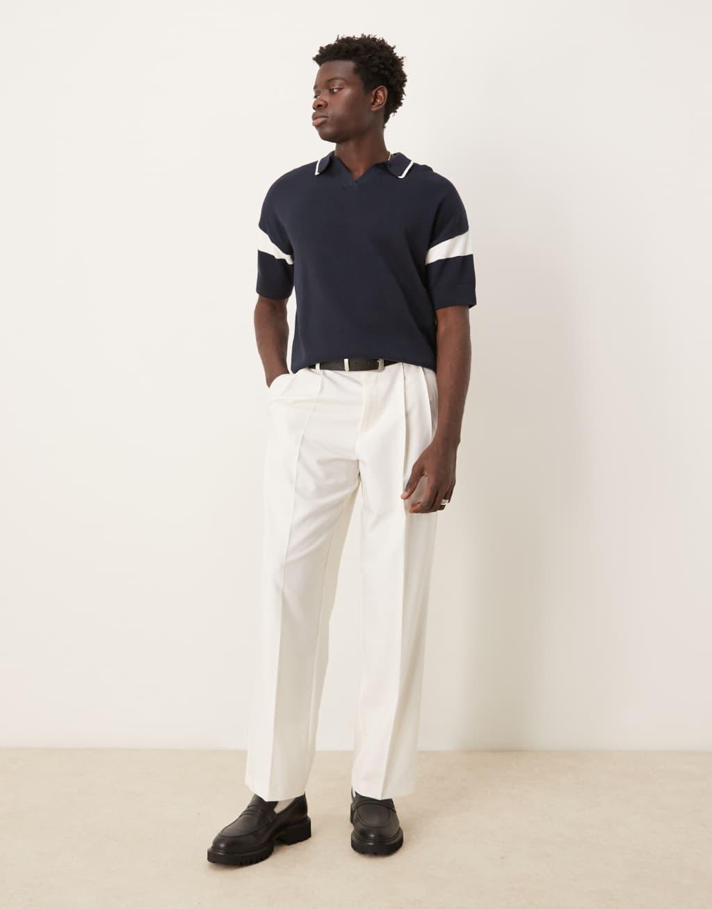 ASOS DESIGN relaxed boxy fit notch neck polo with sleeve panel in navy Product Image