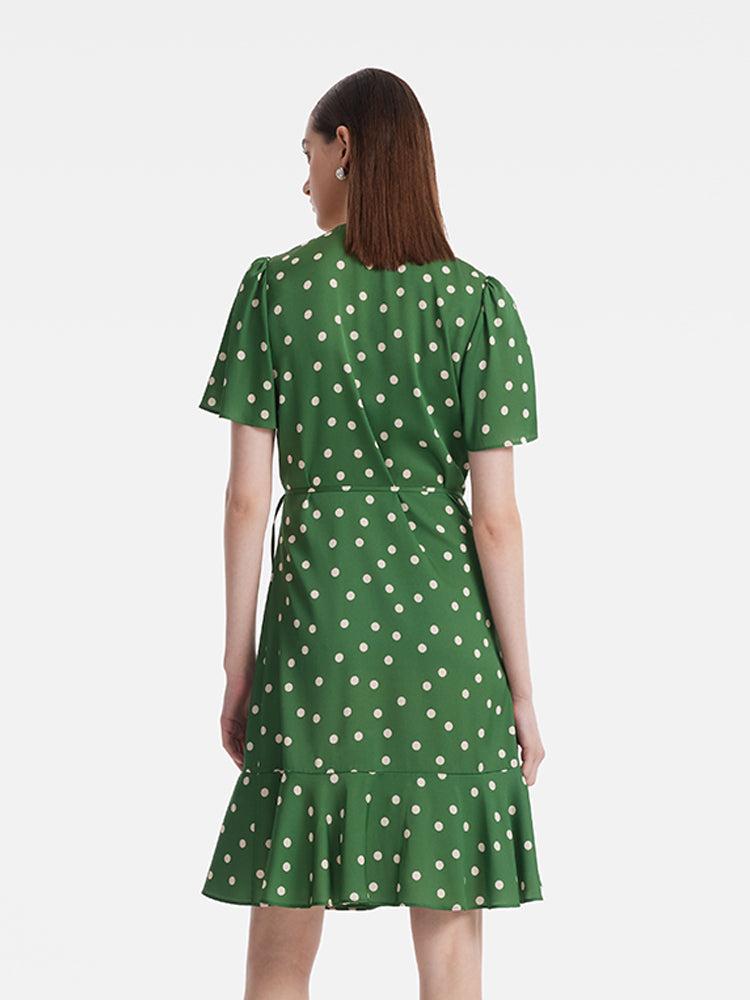 19 Momme Mulberry Silk Polka Dots Print Ruffle Women Mini Dress With S Product Image