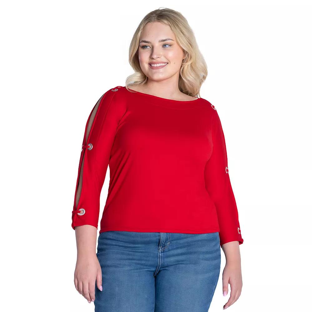 Plus Size 24Seven Comfort Apparel Boatneck 3/4-Sleeve Grommet Detailed Top, Women's, Size: 2XL, Red Product Image