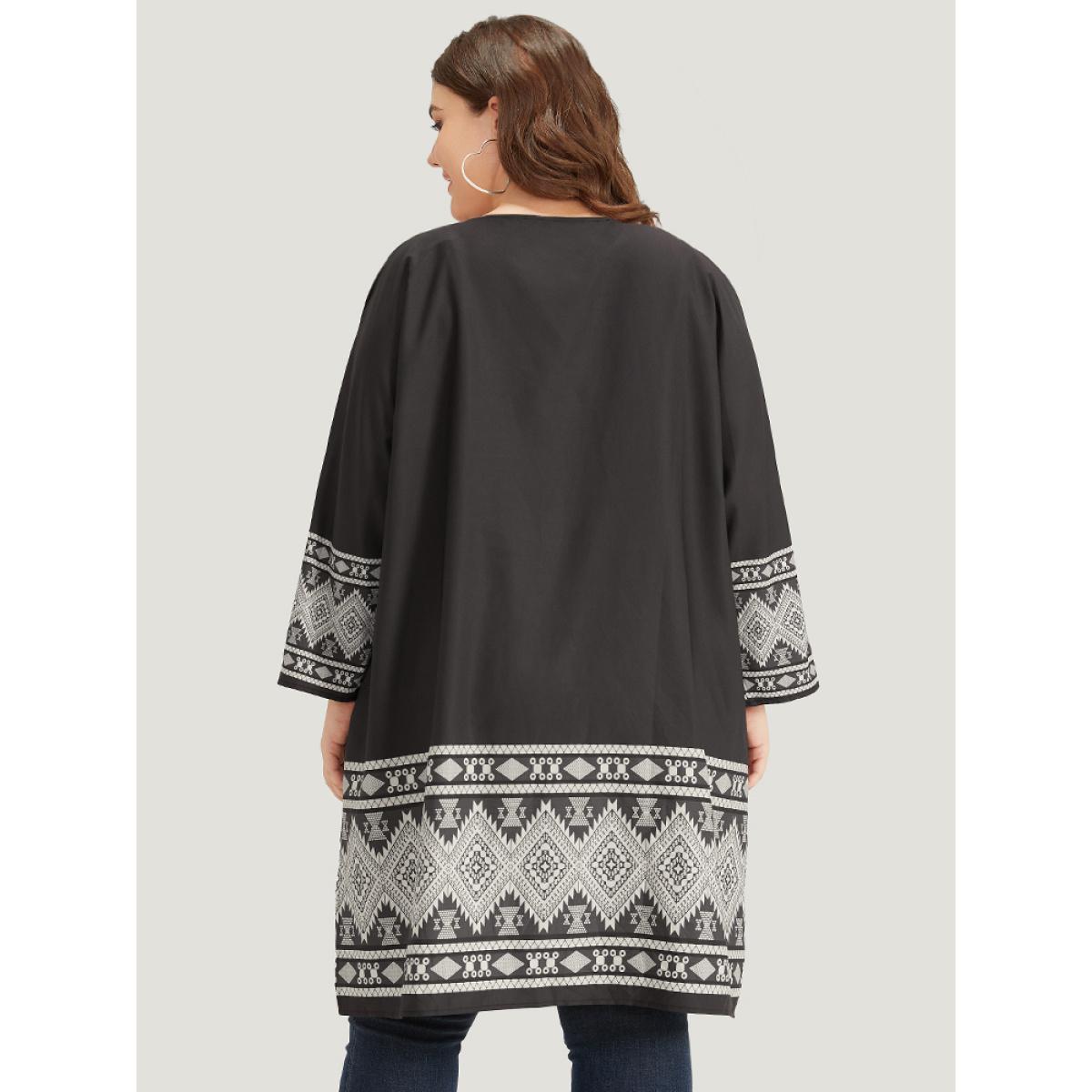 Plus Size Boho Print Open Front Pocket Split Hem Kimono Women Black Casual Printed Loose Pocket Dailywear Kimonos BloomChic 30/6X Product Image