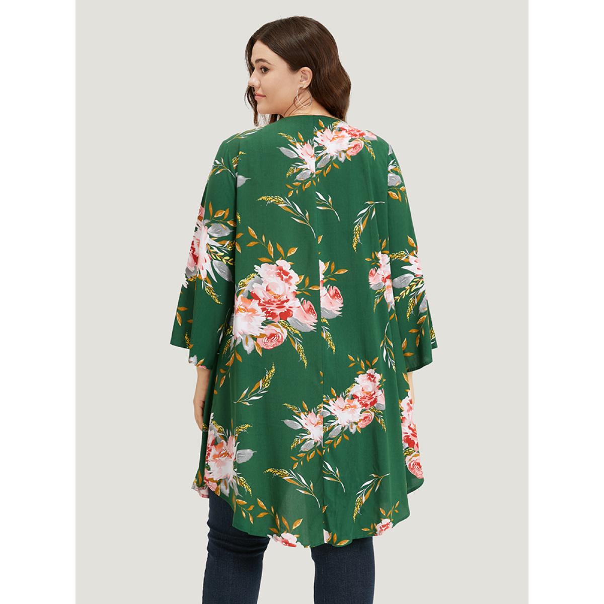 Plus Size Floral Print Open Front Asymmetrical Hem Kimono Women DarkGreen Casual Asymmetrical Loose Dailywear Kimonos BloomChic 26/4X Product Image