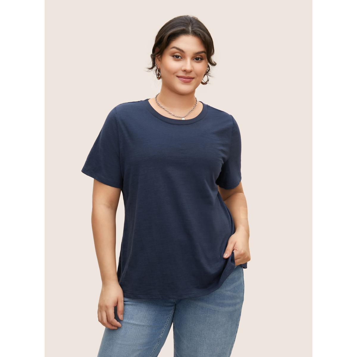 Plus Size Cotton Solid Crew Neck Pit Strip T-shirt Indigo Women Basics Non Round Neck Everyday T-shirts BloomChic 12/L Product Image
