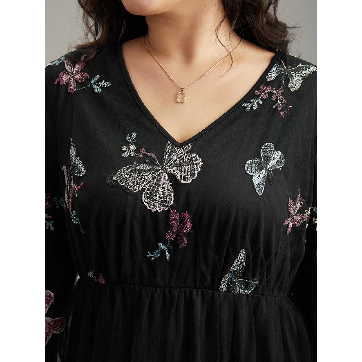 Plus Size Butterfly Embroidered Mesh Gathered Patchwork Dress Black Women Party Elastic cuffs V-neck Long Sleeve Curvy Midi Dress BloomChic 26/4X Product Image