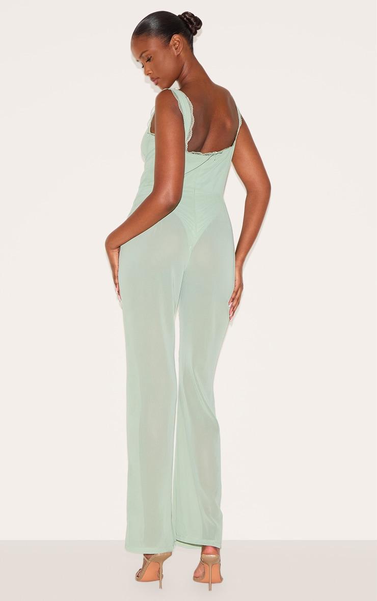 Sage Green Chiffon Corset Detail Flared Jumpsuit Product Image