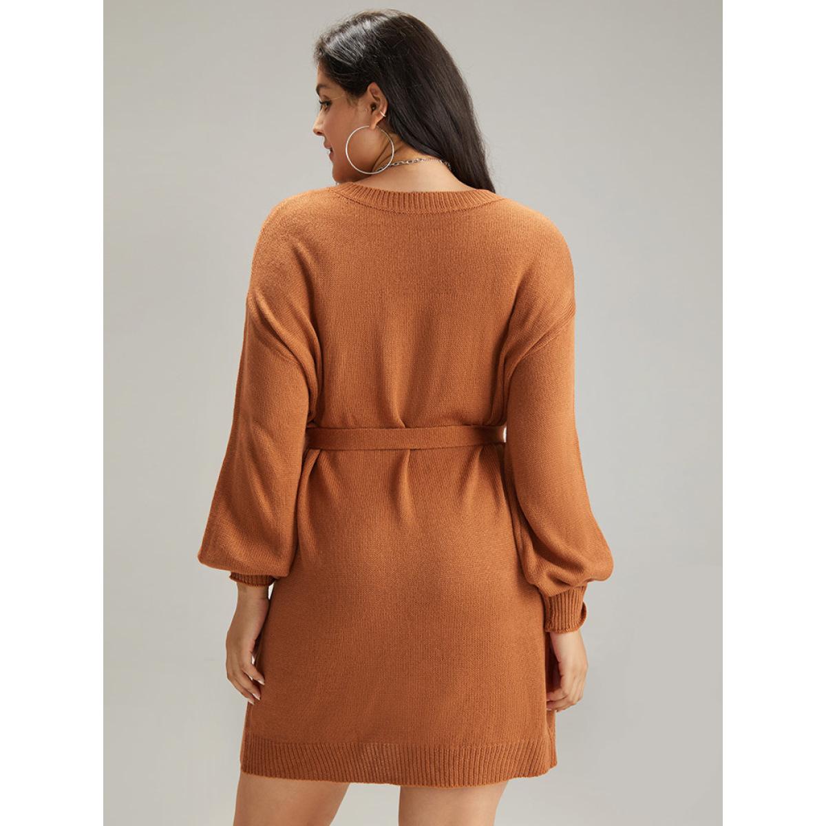 Plus Size Cable Knit Belted Lantern Sleeve Sweater Dress Chocolate Women Casual Loose Long Sleeve Dailywear Sweater Dresses BloomChic 10/M Product Image