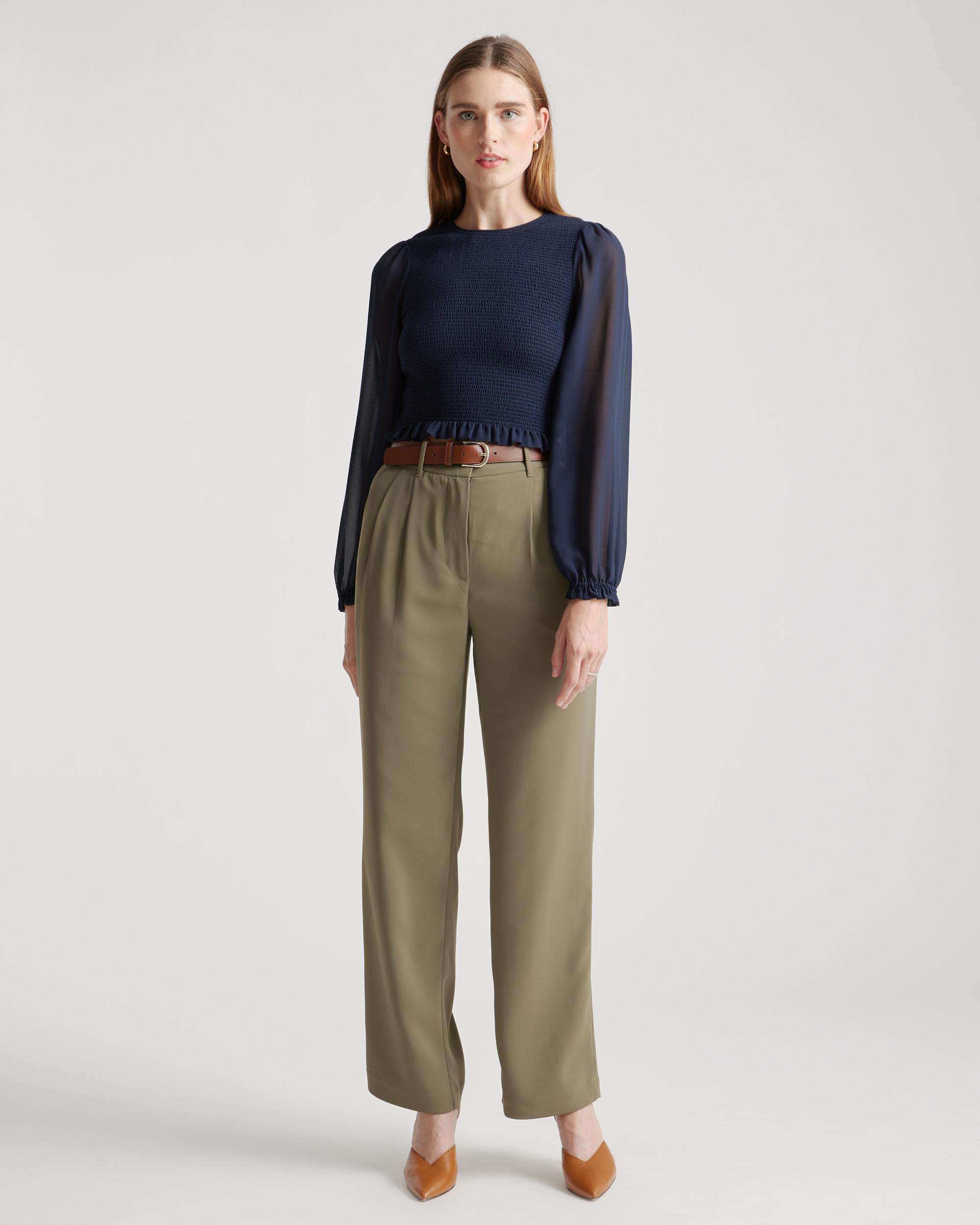 Quince | Women's Chiffon Cropped Smocked Blouse Size XS, Recycled Polyester Product Image