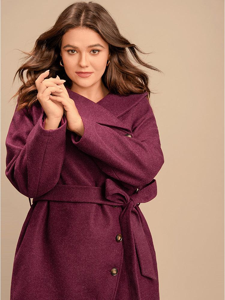 Solid Foldover Collar Pocket Asymmetrical Hem Belted Coat Female Product Image