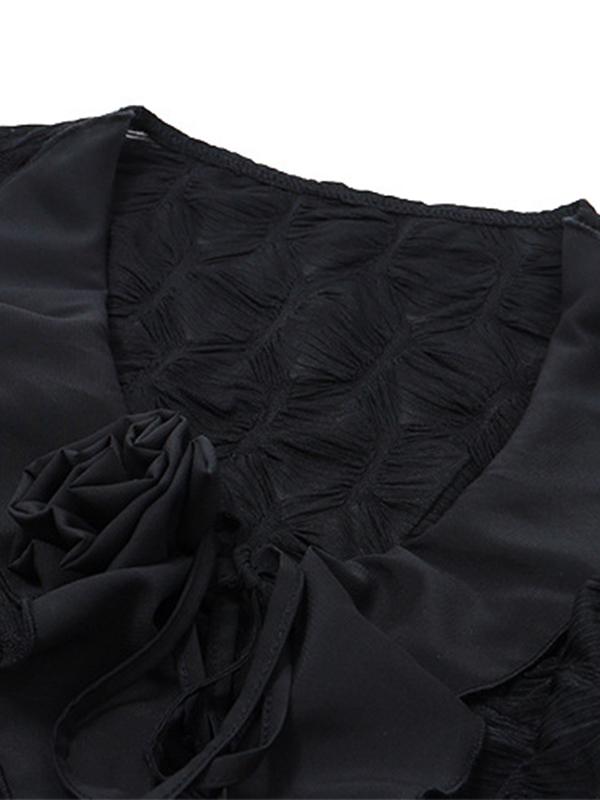 Tie Front Ruffles Flower Trim  Long Sleeves Blouse Product Image