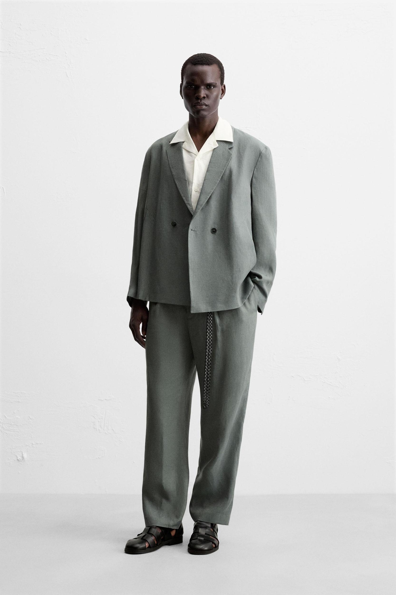 100% LINEN DOUBLE BREASTED SUIT BLAZER Product Image