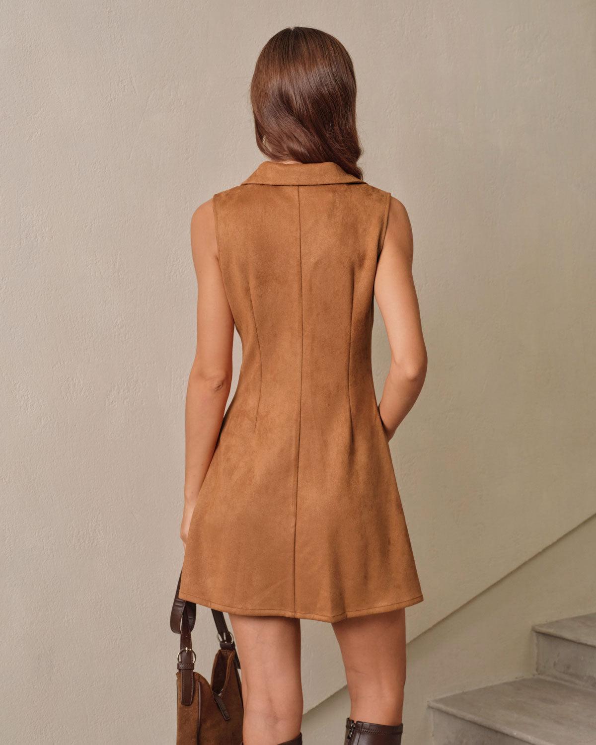 Caramel Suede A-Line Sleeveless Mini Dress Product Image