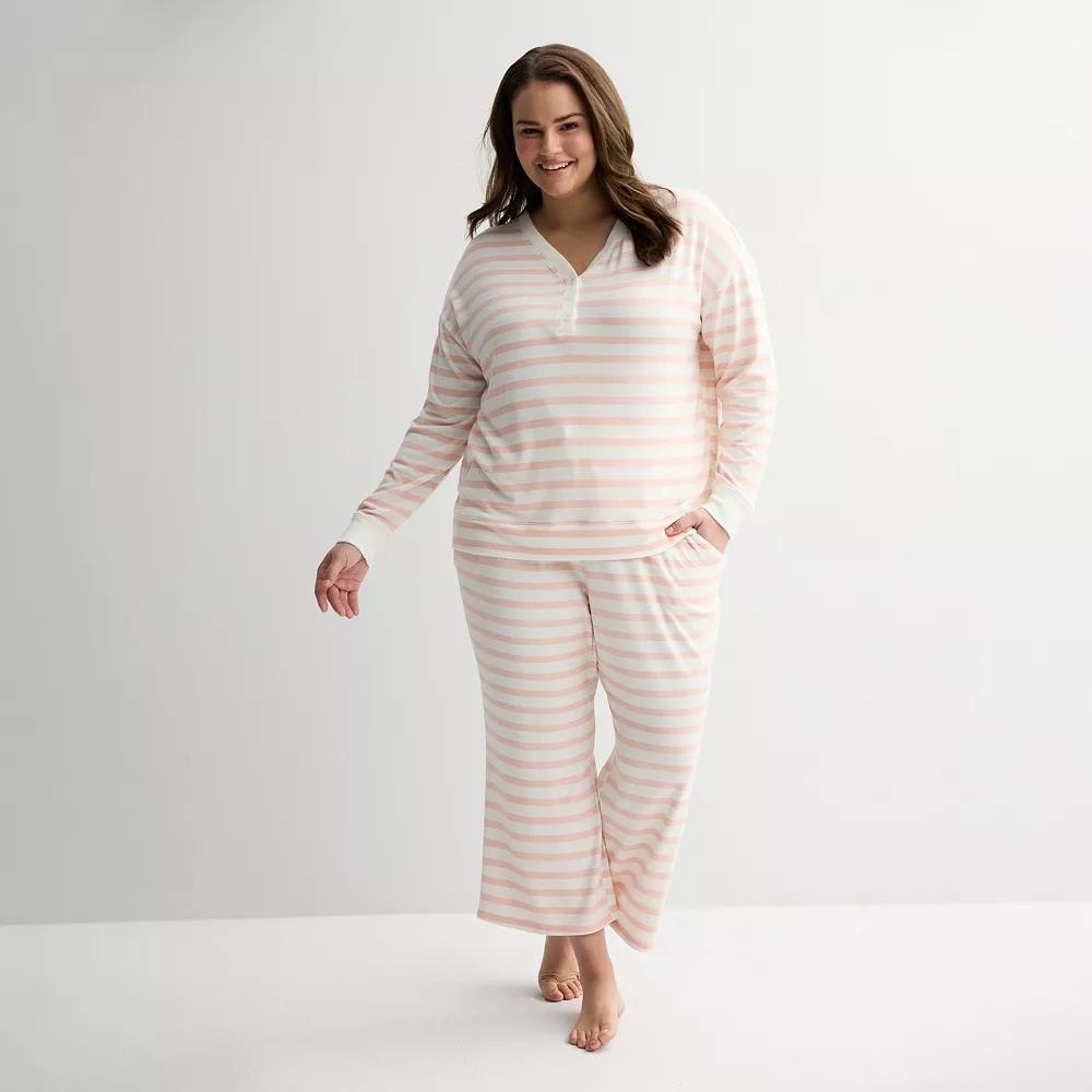 Plus Size Sonoma Goods For Life® Long Sleeve Henley Pajama Top, Women's, Size: 1XL, Ivory Pink Stripe Product Image