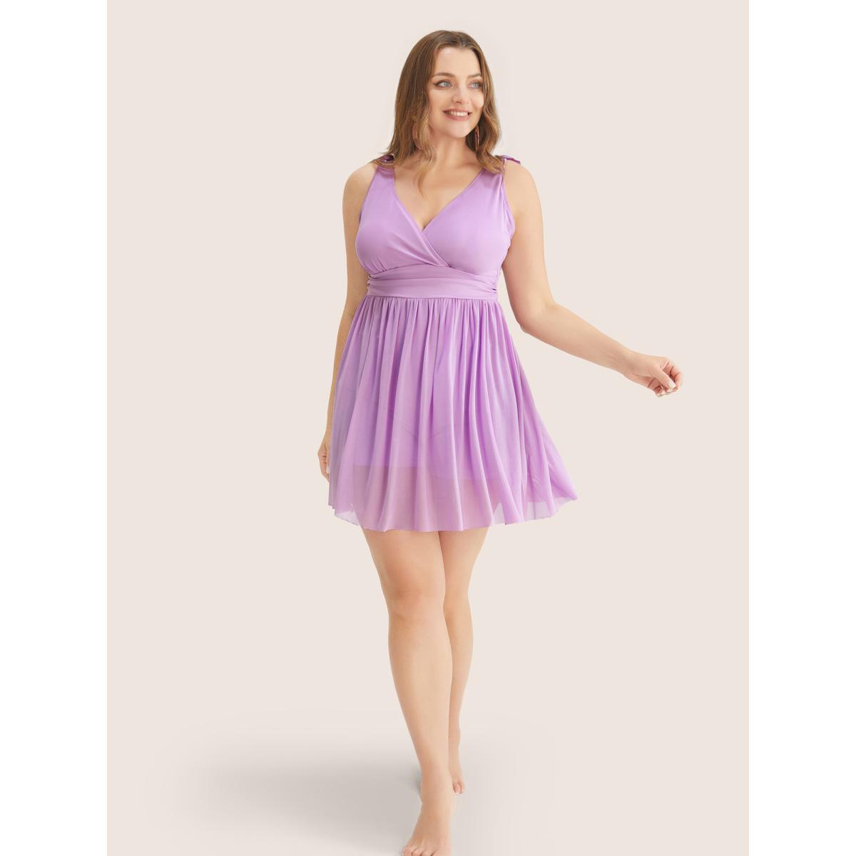 Plus Size Sculpt Waist Ruched Split Hem Swim Dress Women's Swimwear Lilac Beach Bodycon V-neck High stretch Curve Swim Dresses BloomChic 10/M Product Image
