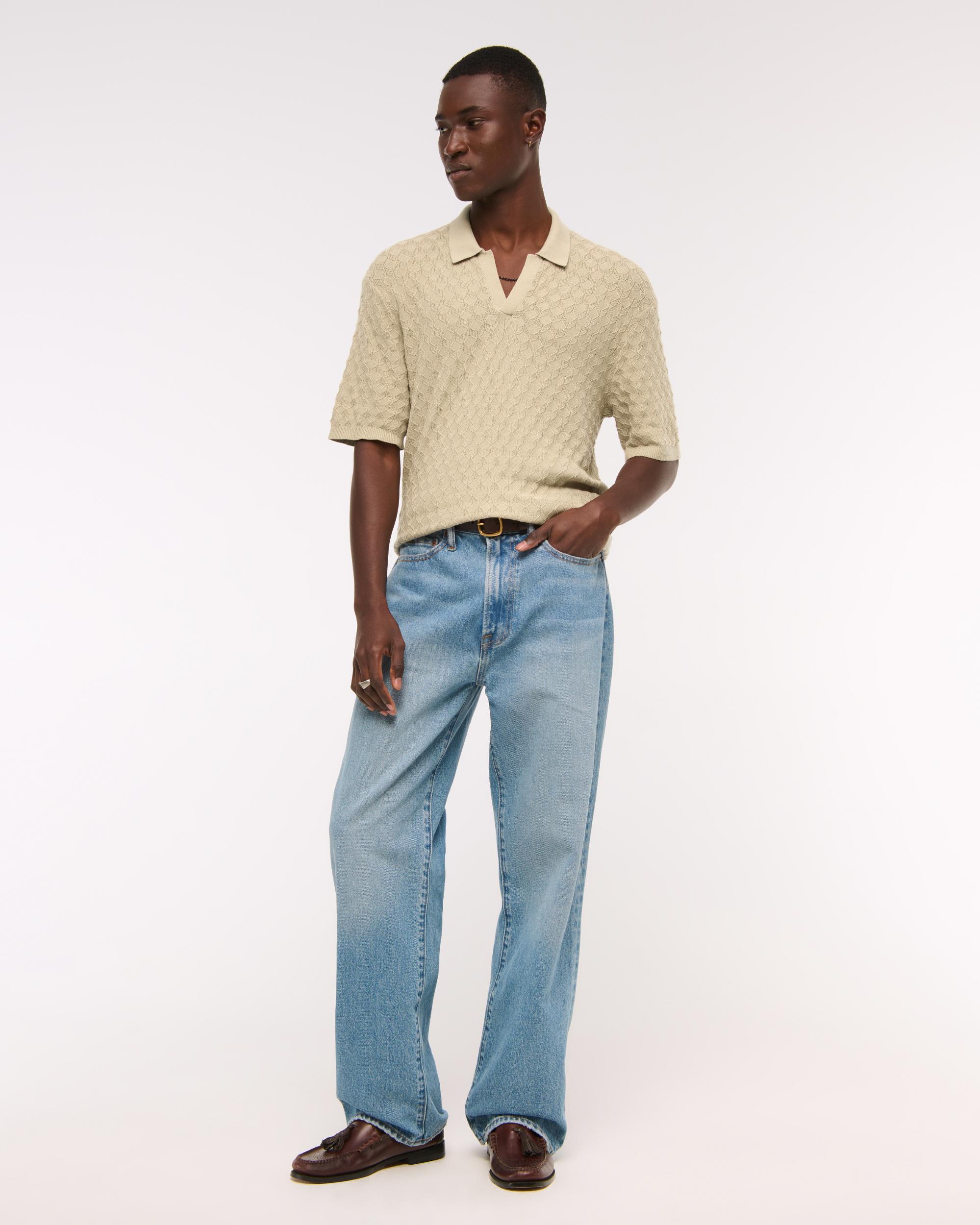 Pointelle Stitch Johnny Collar Sweater Polo Product Image