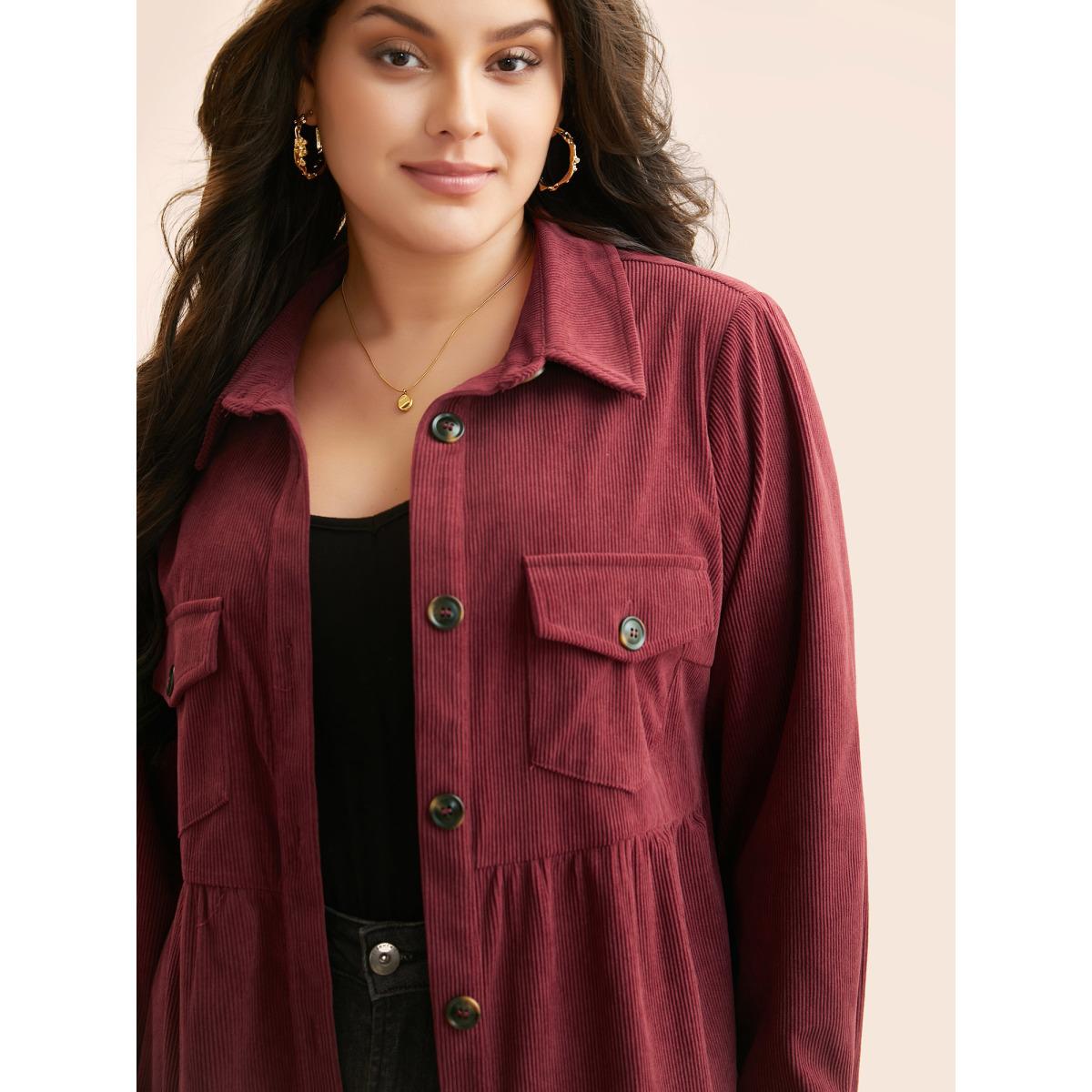 Plus Size Corduroy Collared Flap Detail Jacket Women Scarlet Gathered Elegant Jackets BloomChic 28/5X Product Image