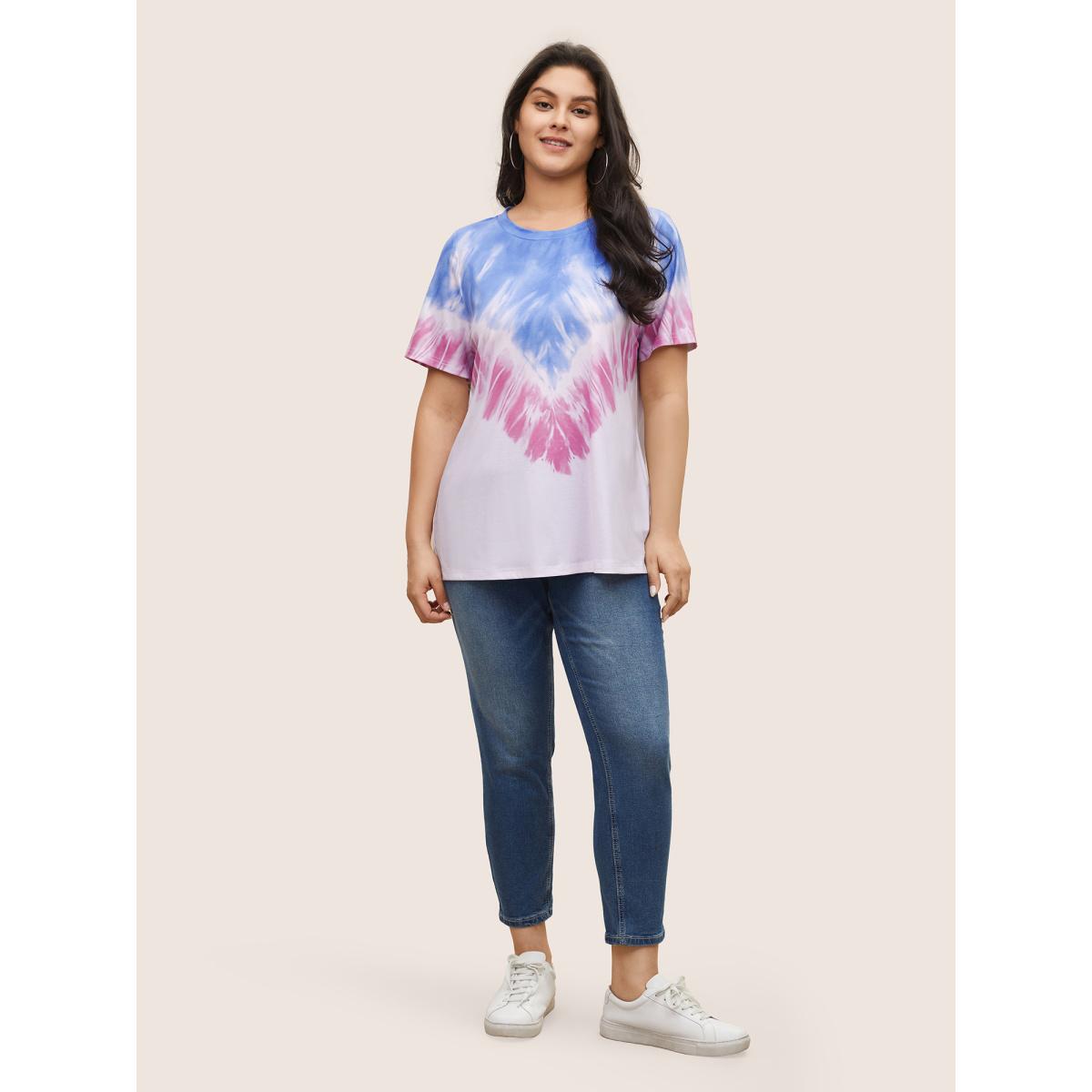 Plus Size Tie Dye Contrast Round Neck T-shirt Multicolor Women Casual Non Tie Dye Round Neck Everyday T-shirts BloomChic 18-20/2X Product Image
