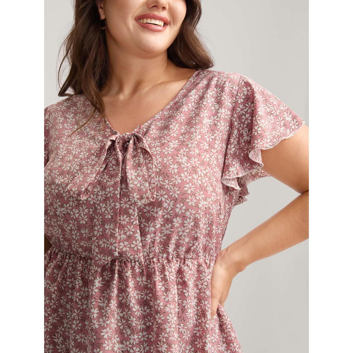 Plus Size Dirtypink Ribbon Neck Floral Print Ruffled Blouse Women Cap Sleeve Ribbon-tied collar Everyday-Elegant Blouses BloomChic 10/M Product Image