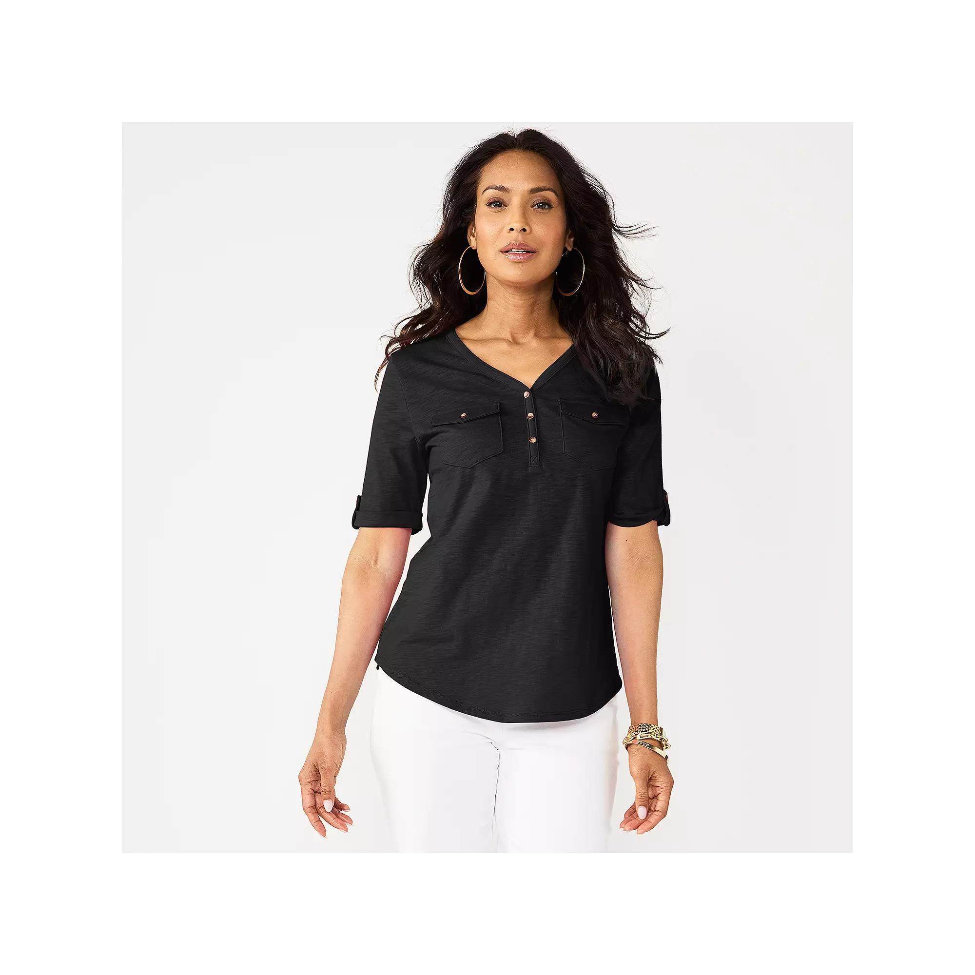 Petite Croft & Barrow® Elbow Sleeve Utility Henley Top, Women's, Size: XS Petite, Mineral Black Product Image