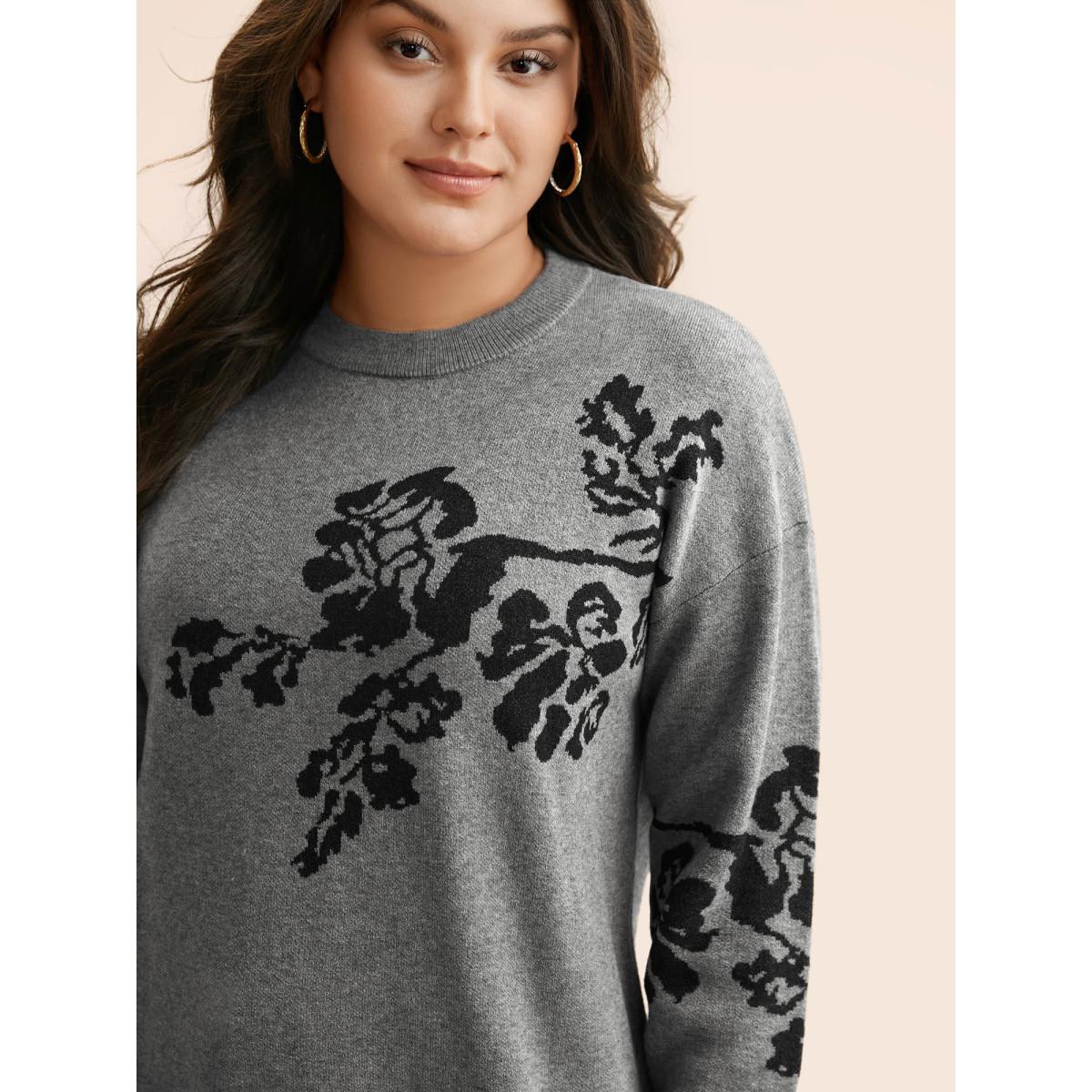 Plus Size Supersoft Essentials Jacquard Drop Shoulder Pullover DimGray Women Casual Loose Long Sleeve Round Neck Everyday Pullovers BloomChic 28/5X Product Image