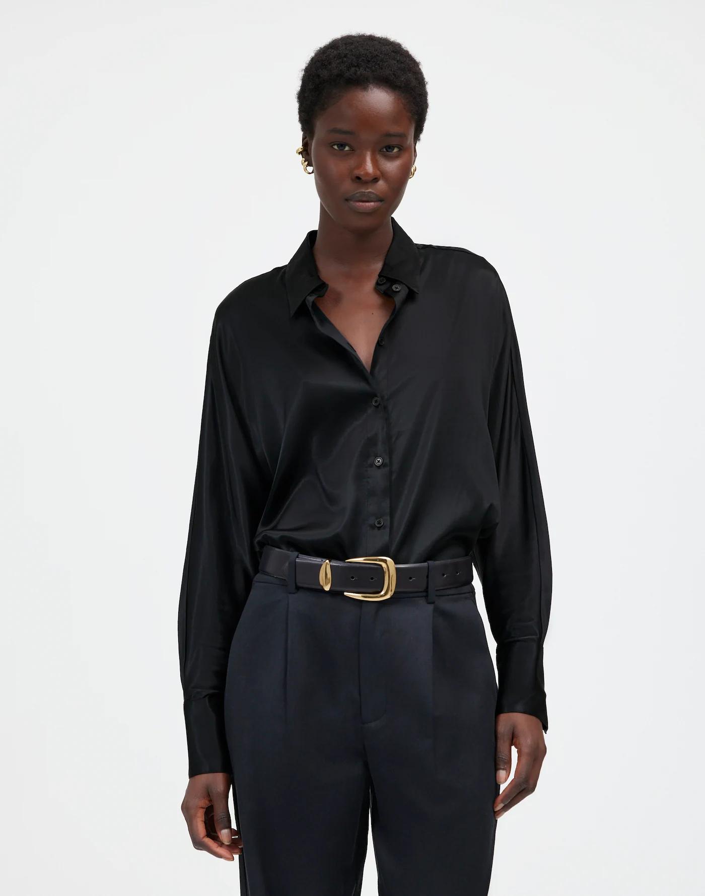 Relaxed Dolman Button-Up Shirt in Satin Product Image