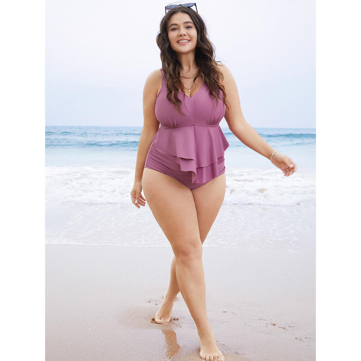 Plus Size Solid Sculpt Waist Patchwork Ruffle Tiered One Piece Swimsuit Women's Swimwear Lilac Vacation Adjustable Straps Curve Bathing Suits High stretch One Pieces BloomChic 26/4X Product Image
